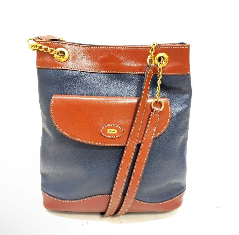 Vintage Bally Two-Tone Blue and Brown Leather Shoulder Bag with Chain Strap